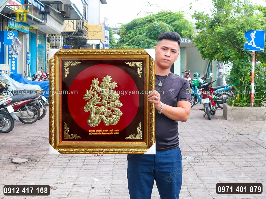 Tranh Chữ Đức Ho&aacute; Rồng Bằng Đồng V&agrave;ng Khổ Vu&ocirc;ng 90Cm
